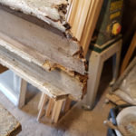 Worm and rot in the foot of the lining, I cut this section off and glued new wood, as the end grain would be sitting on the stone I did patch with hardwood.
